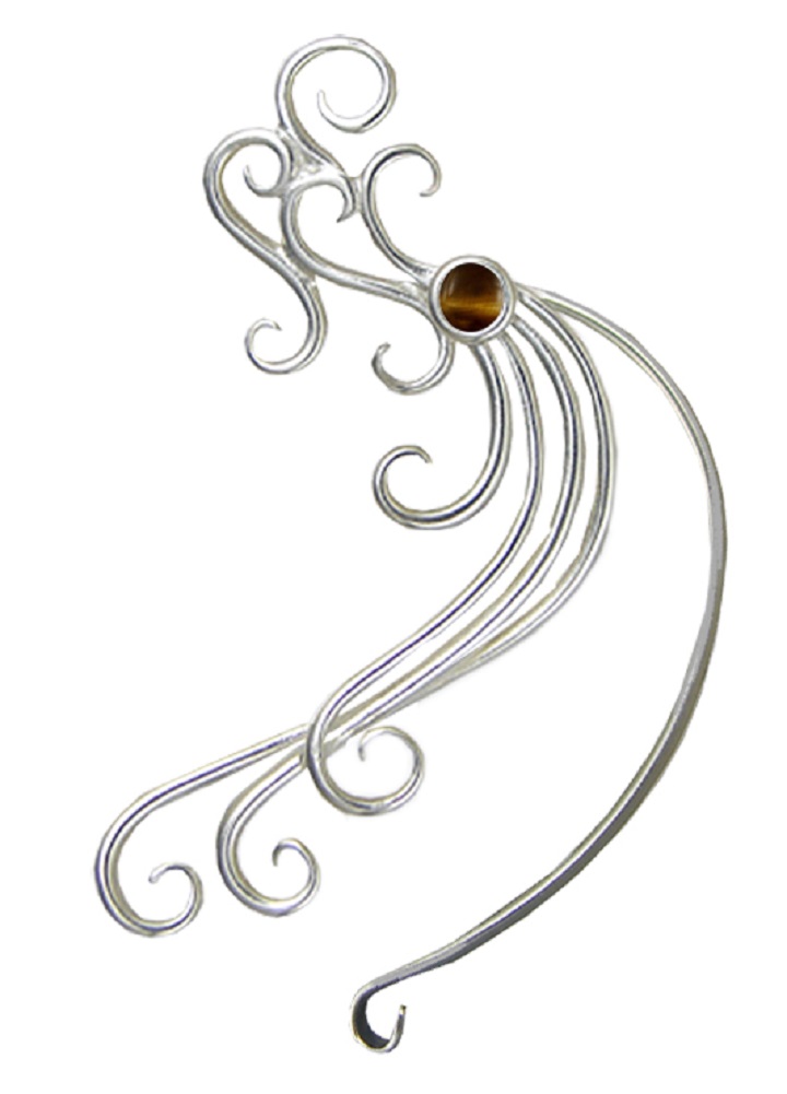 Sterling Silver Wind And Waves Left Only Ear Cuff Wrap With Tiger Eye